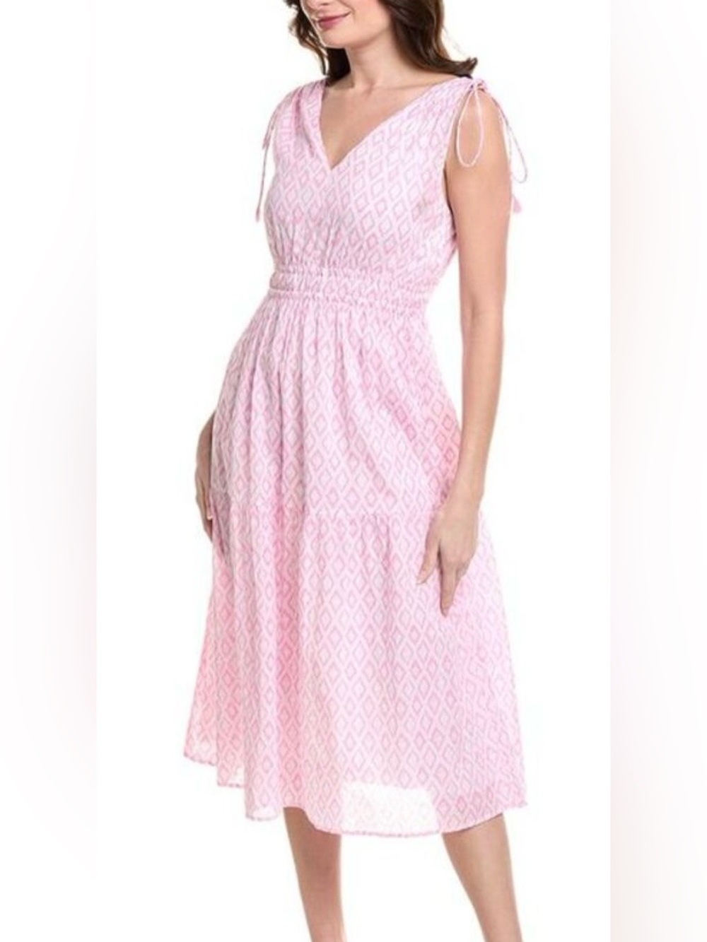 MER ST. BARTH Noemie Ruched Shoulder Tie Ikat Cotton Flowy Petal Pink Dress Sz S